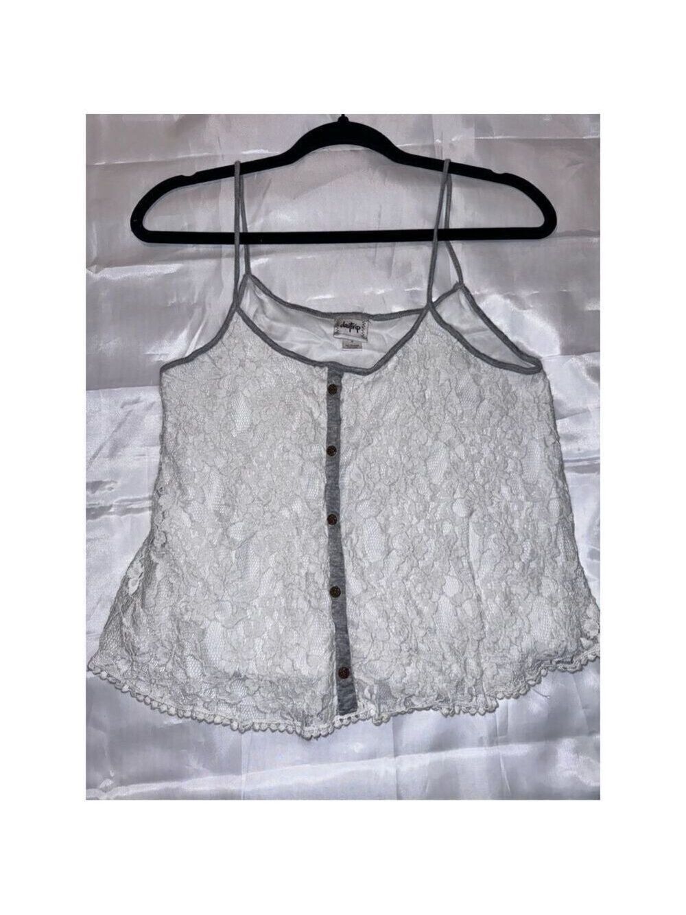 Daytrip summer shirt spaghetti strap size medium white crochet gray trim camisol